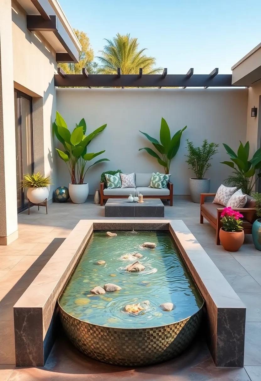 artistic Expression: A custom mosaic-lined water basin paired with sculptural benches and vibrant planters