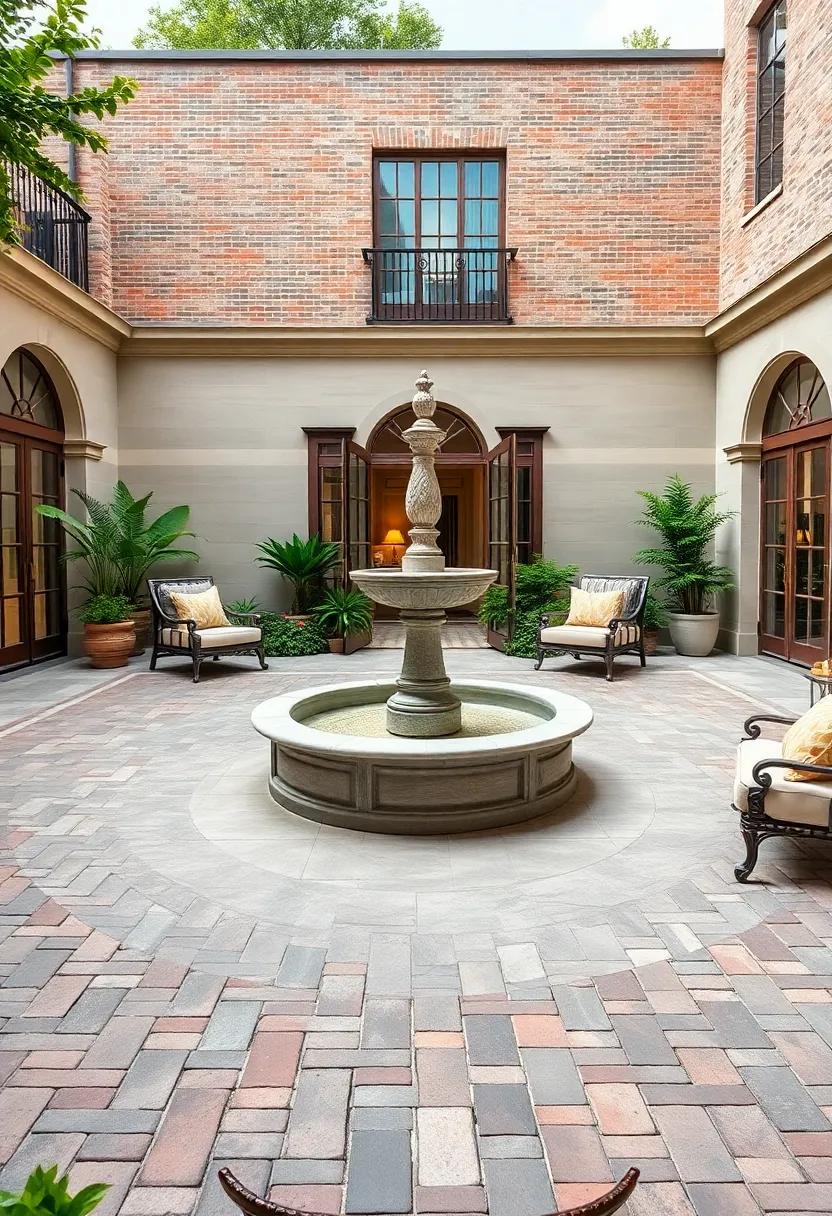 Classic Courtyard Elegance: Brick flooring with a central ornate marble fountain offering timeless sophistication