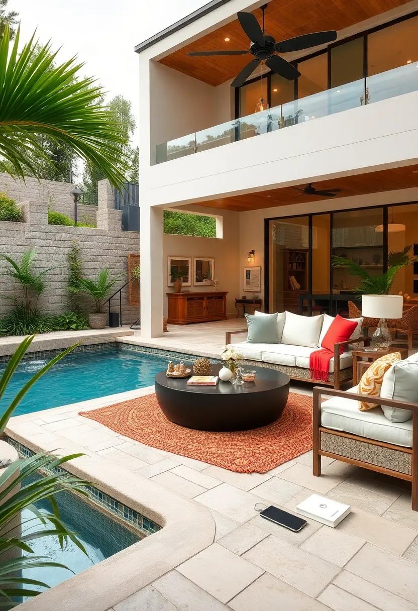 Contemporary Glass Features: Clear glass pool borders integrated into the patio design that double as water displays and safety barriers