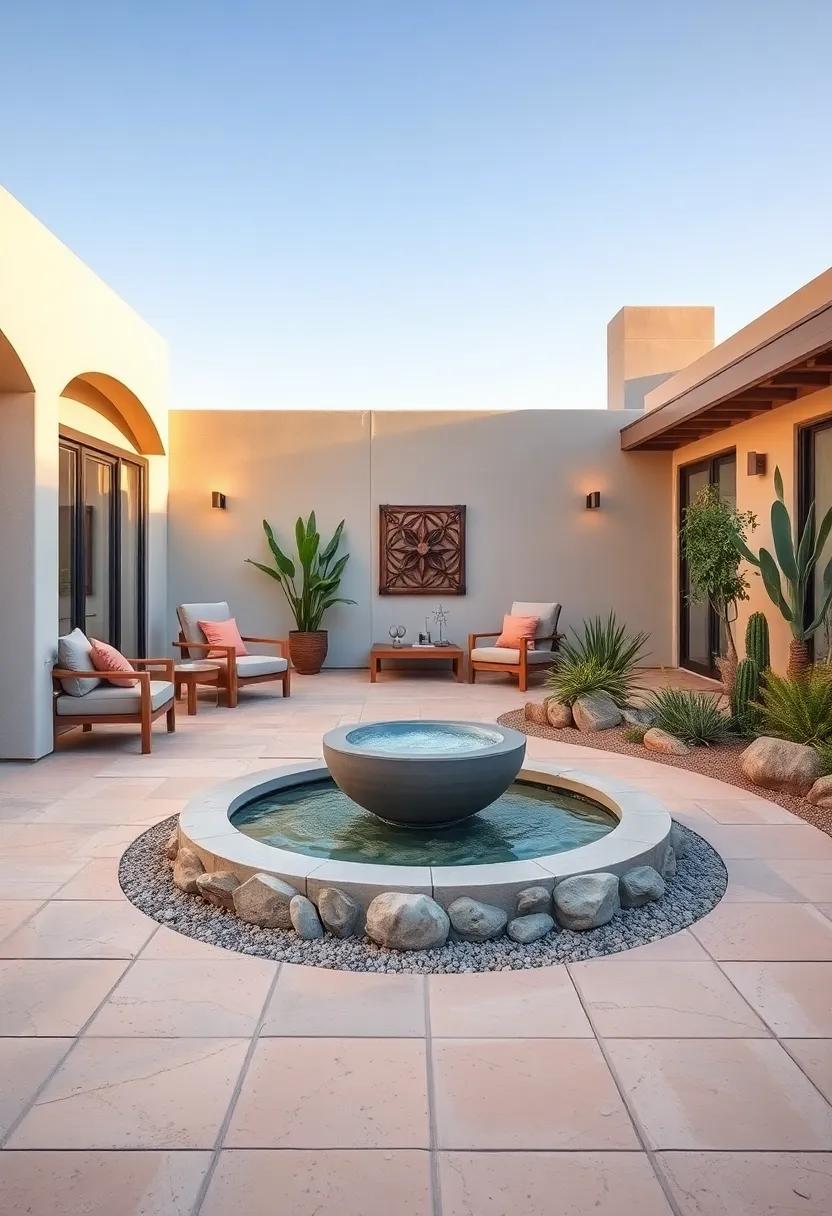 Desert-Inspired Serenity: Sandy-hued flagstones with a minimalist water bowl feature surrounded by drought-tolerant plants