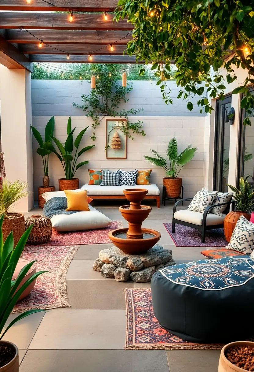 Eclectic Boho Vibes: A mix of patterned rugs and poufs around a small, handcrafted clay fountain with hanging fairy lights