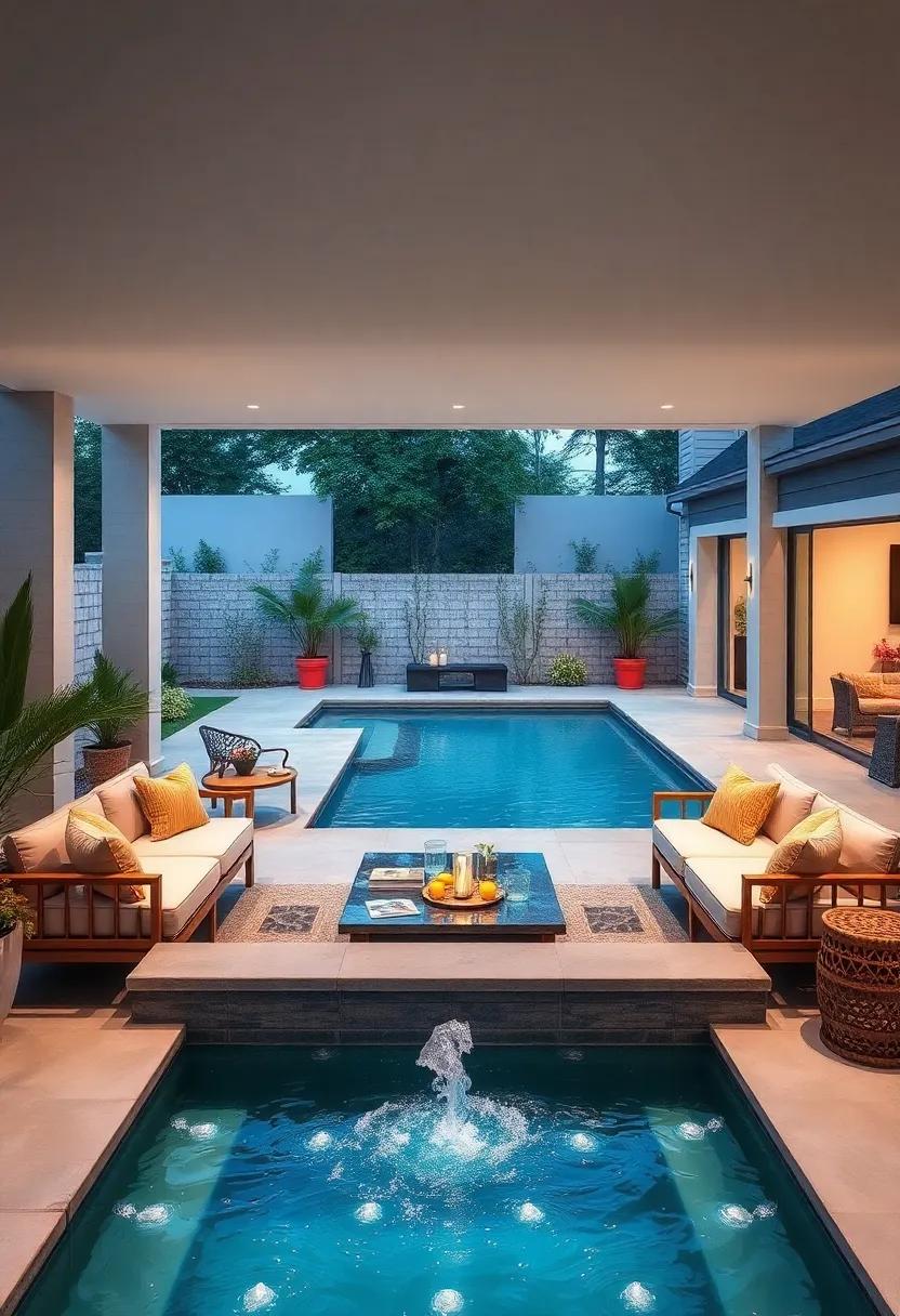 Family-Friendly Splash: A sunken seating area around a shallow pool with gentle water jets for playful ambiance