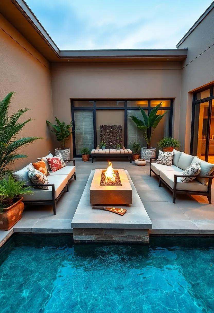 fire and Water Fusion: A cozy seating area encircled by a narrow water channel and a built-in fire pit for balanced elements