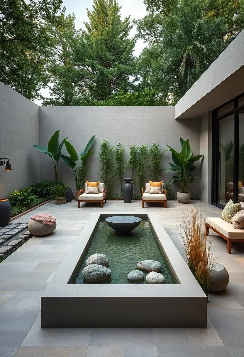 Geometric Zen: sharp lines and shapes with a rectangular water basin complemented by sculptural stones and grasses