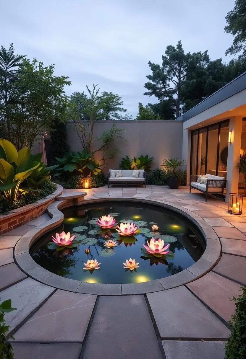 Lush Garden Party: Curved stone paths encircling a circular pond with floating lotus flowers and subtle underwater lighting