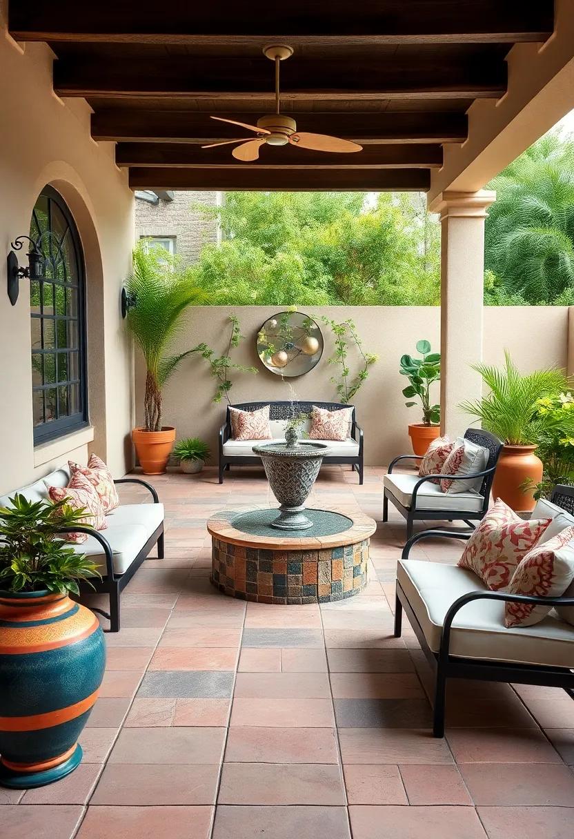 Mediterranean Charm: Terracotta tiles paired with a mosaic-tiled fountain and colorful pottery planters