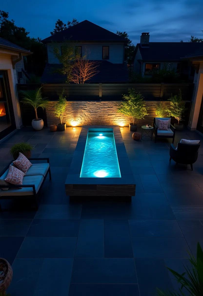 Reflective Twilight: A patio with dark slate tiles complemented by a sleek infinity water feature that glows softly at night