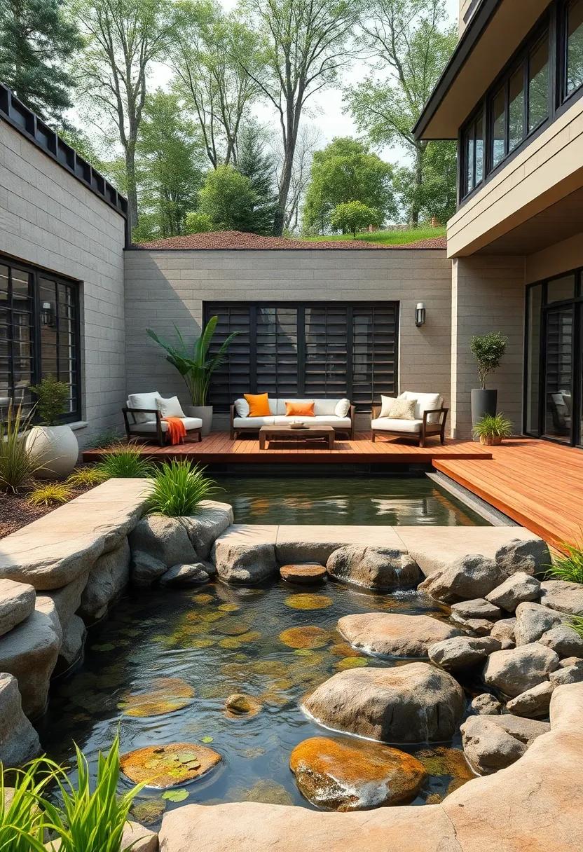 Rustic Charm Retreat: Wooden decks with a natural pond edged by river rocks and aquatic plants