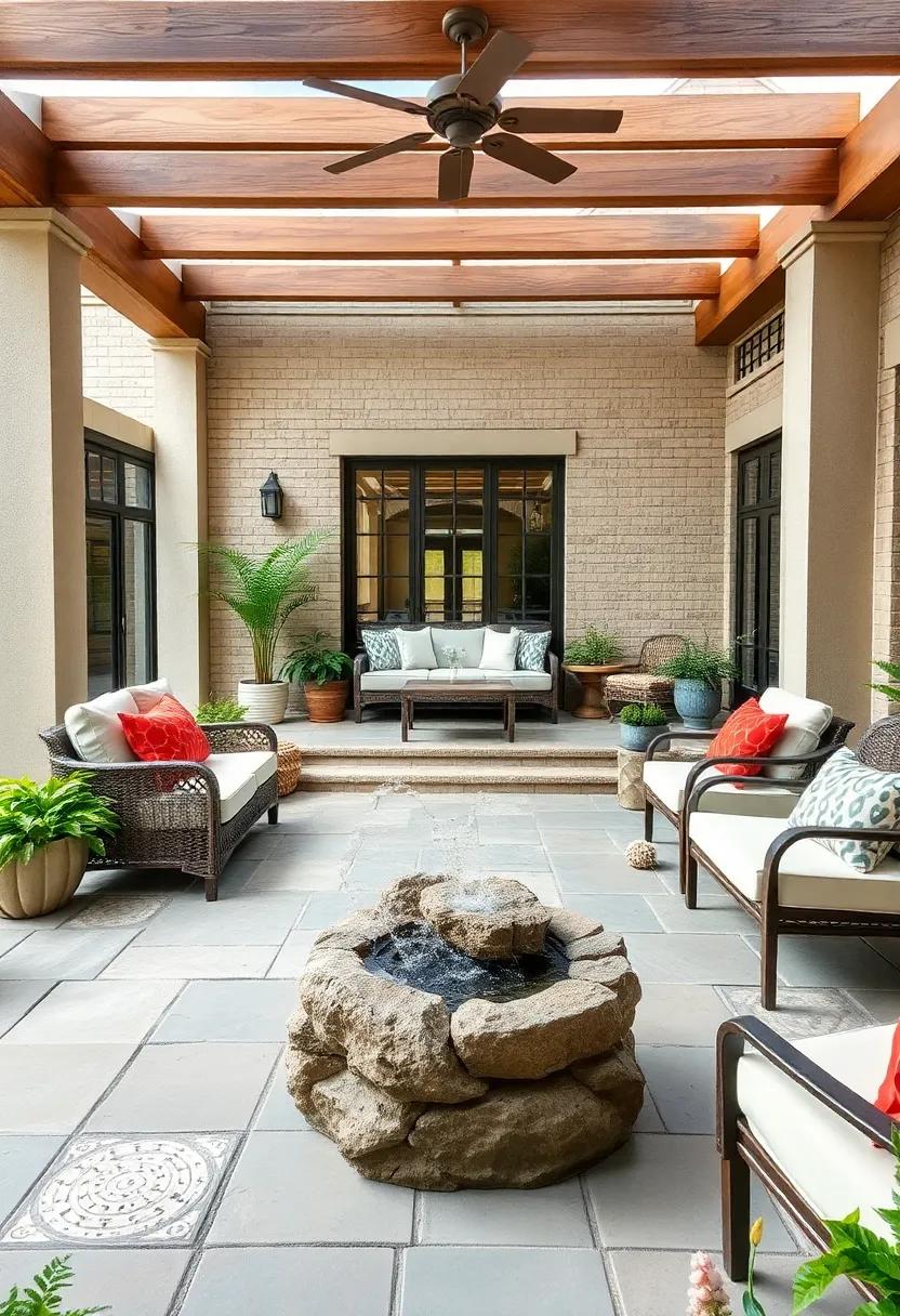 Serene Stone Haven: A stone-paved patio centered around a small, bubbling rock fountain that creates a tranquil ambiance