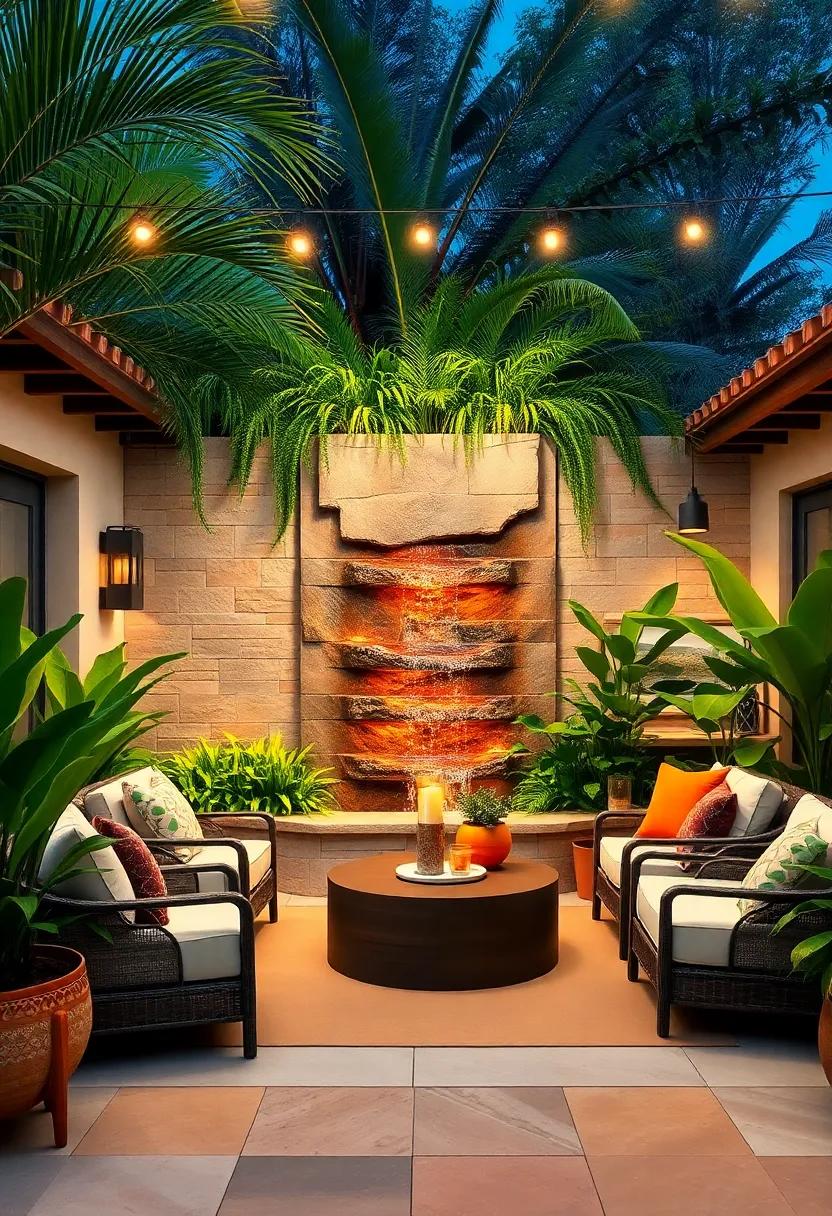 Tropical Paradise: A vibrant patio featuring a tiered waterfall wall surrounded by lush greenery