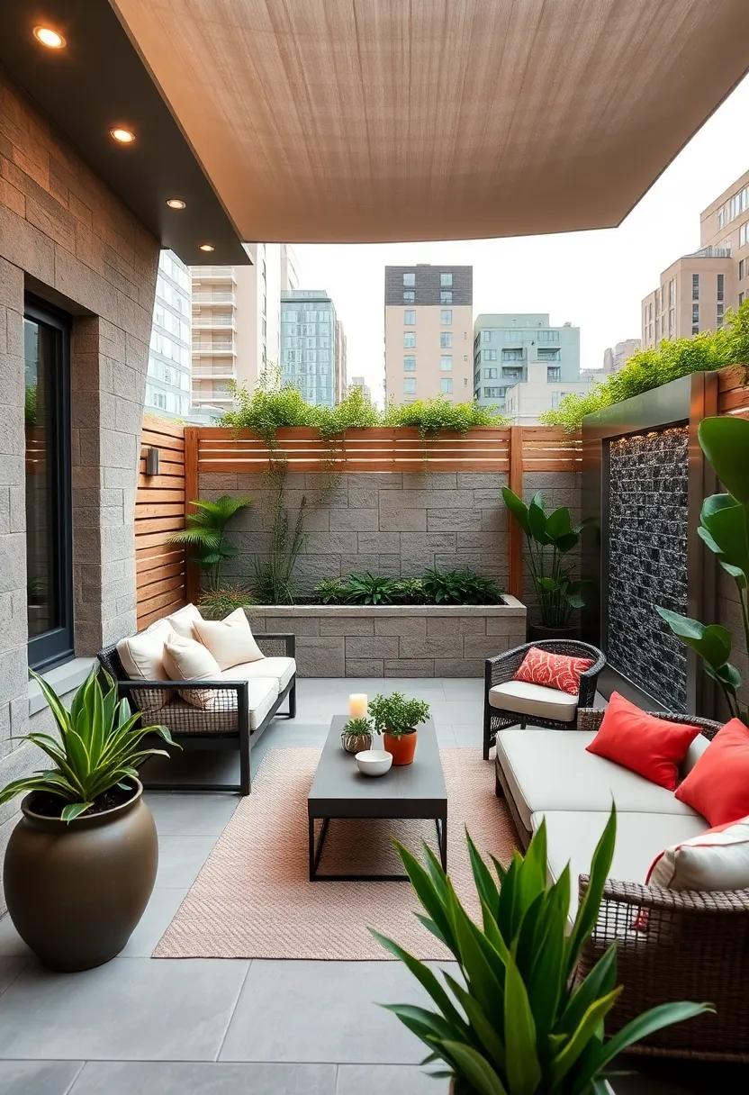 Urban Rooftop Refresh: A compact patio with a sleek stainless-steel water wall to maximize limited space and add a soothing soundscape