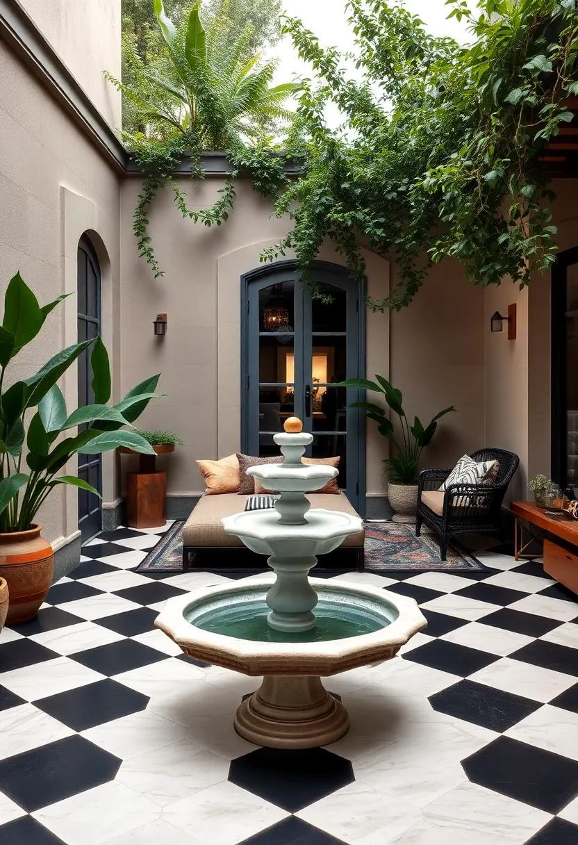 Vintage Glamour: Black and white checkered tiles with an elegant marble birdbath-style fountain