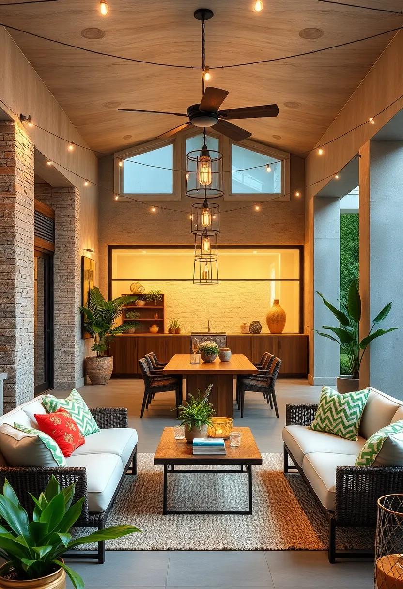 Frame your outdoor dining area with string lights or lanterns that echo your indoor lighting design