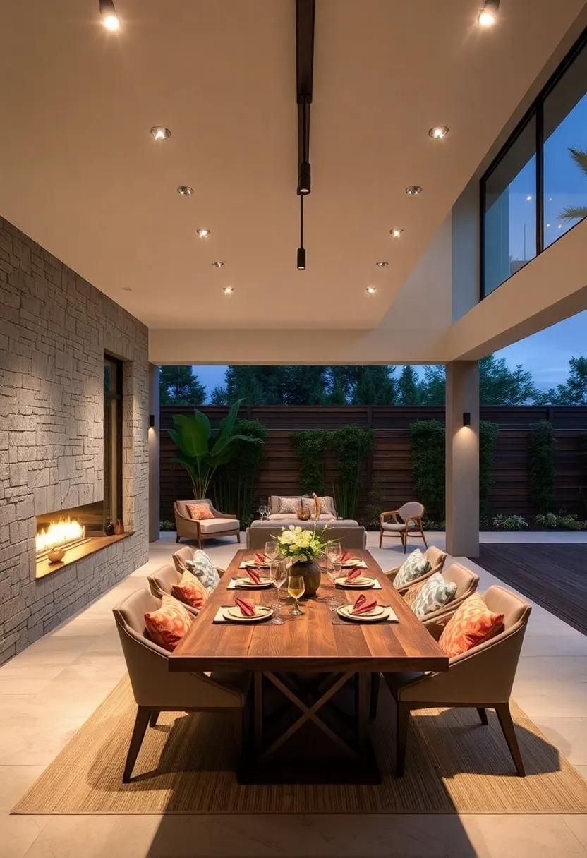 Install track lighting that can extend outdoors and highlight key areas throughout the dining transition
