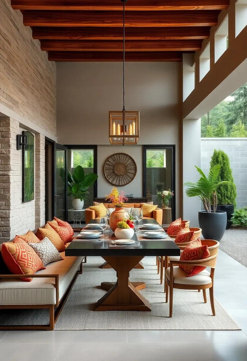 Create matching table settings and textiles that carry the indoor dining theme onto the patio