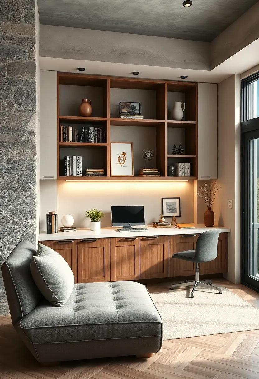 Use a​ bookshelf with closed lower cabinets to conceal paperwork and bulky items, maintaining a tidy space