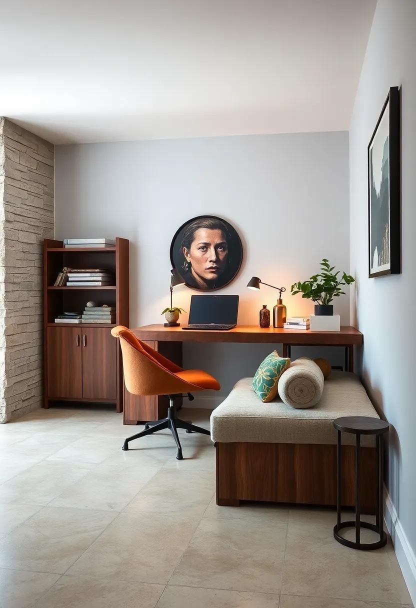 Place a slim storage bench ​behind your desk chair for additional hidden storage without intruding on your space