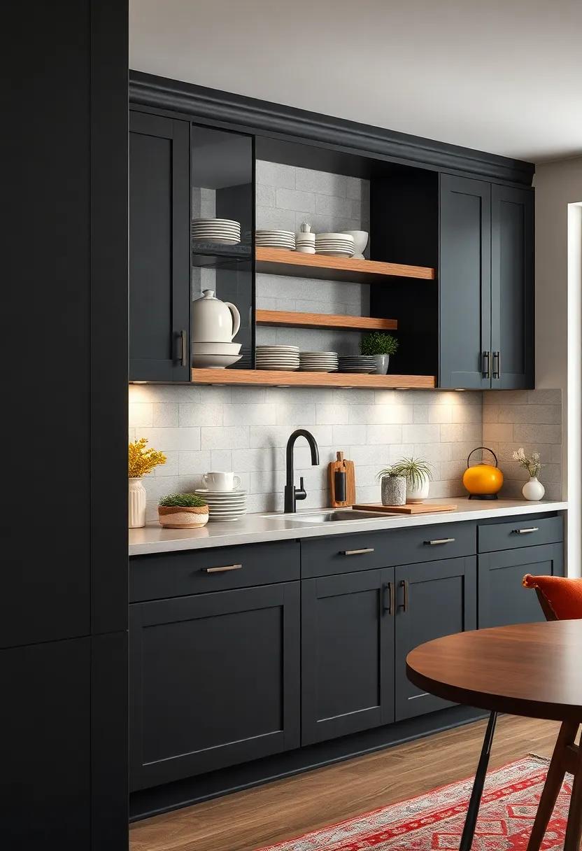 dark Charcoal Gray Cabinets with ⁢Open Shelving to Create Contrast and Display Stylish Dishware