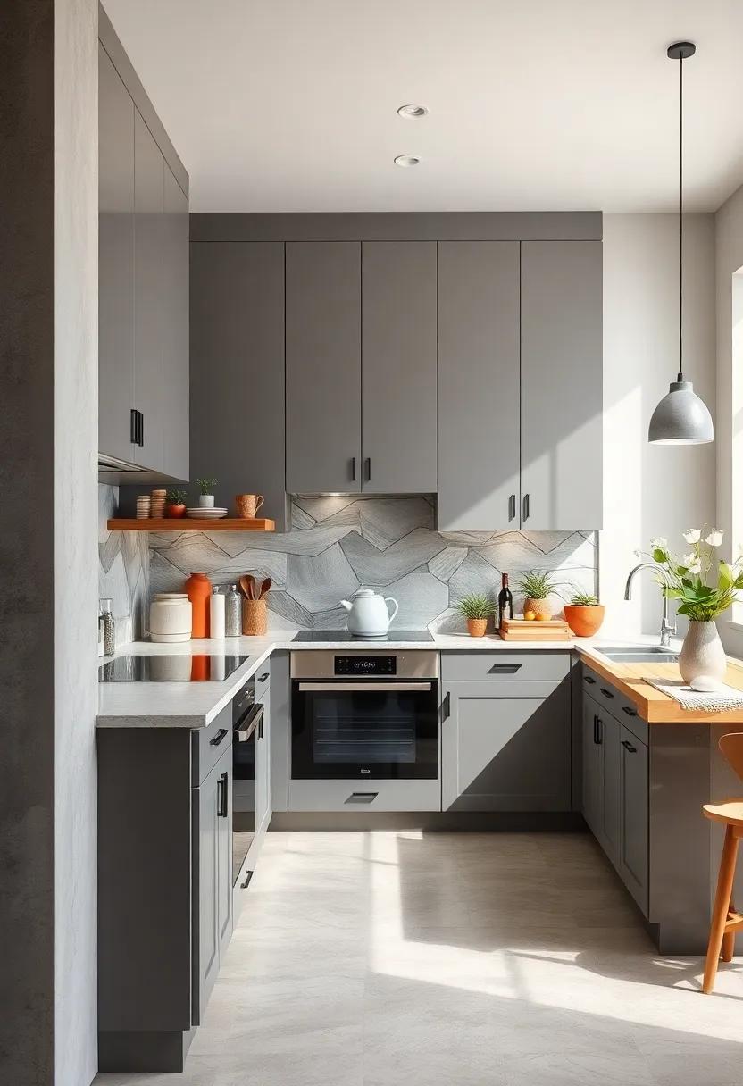 Gray Cabinets with Mirrored ⁤Backsplash to Expand Visual Space and reflect Light