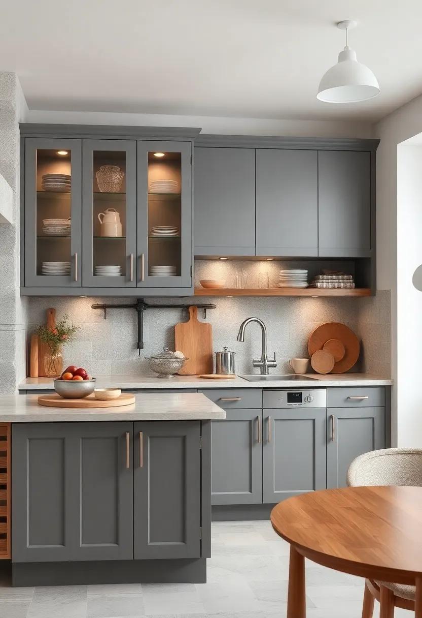 Gray Cabinets with Glass Fronts Displaying Vintage Cookware for a ⁣Cozy Yet Contemporary Touch