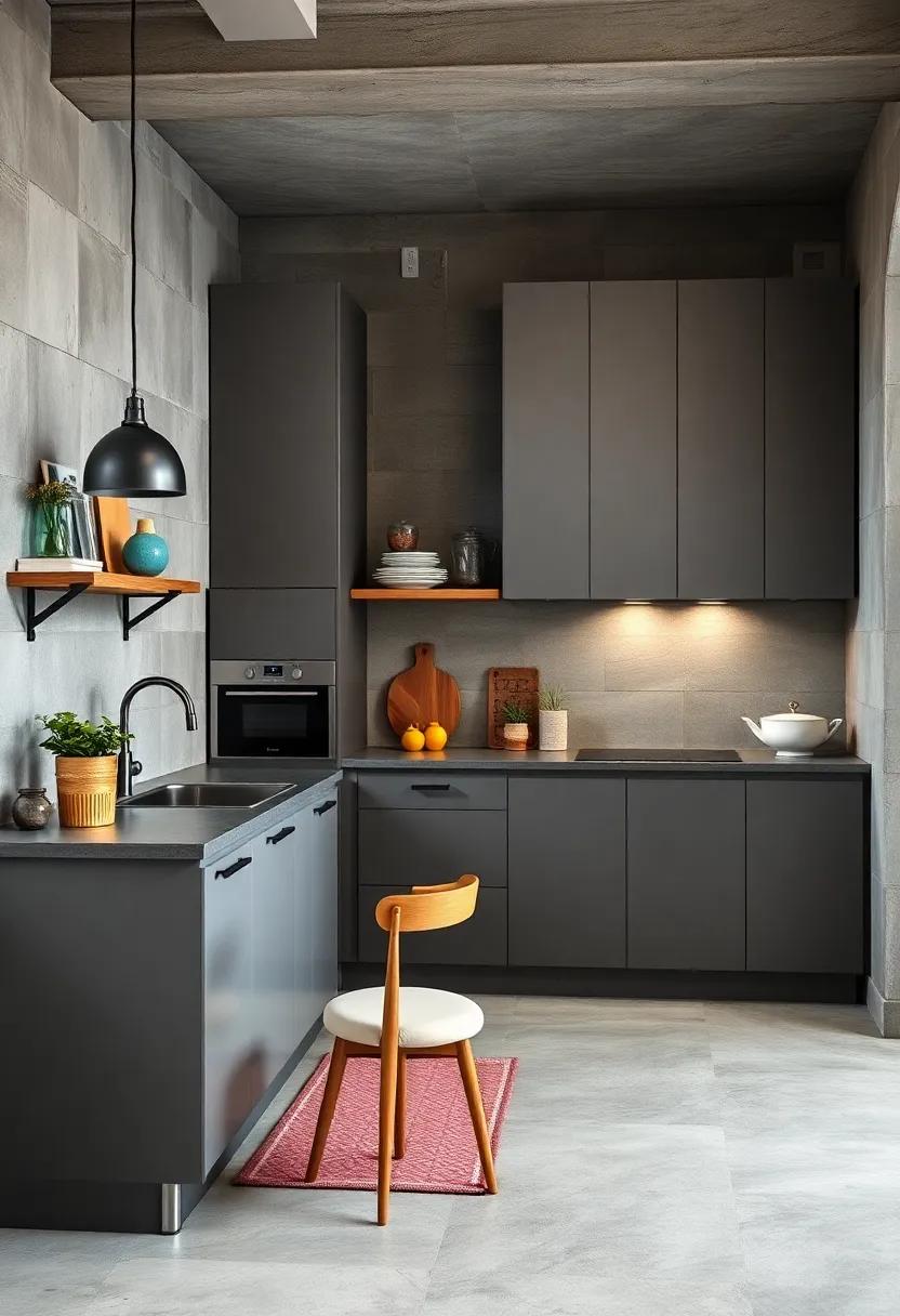 Industrial-Style Matte ​Gray cabinets Paired with Exposed Concrete Walls for Urban Chic