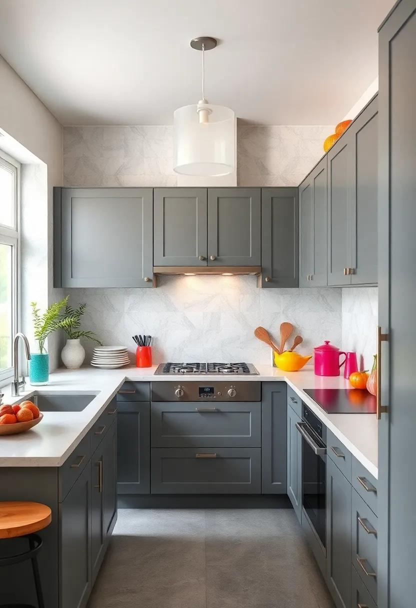 Matte Gray Cabinets Combined with Bright Pops of Color in Accessories for ⁣energetic Appeal