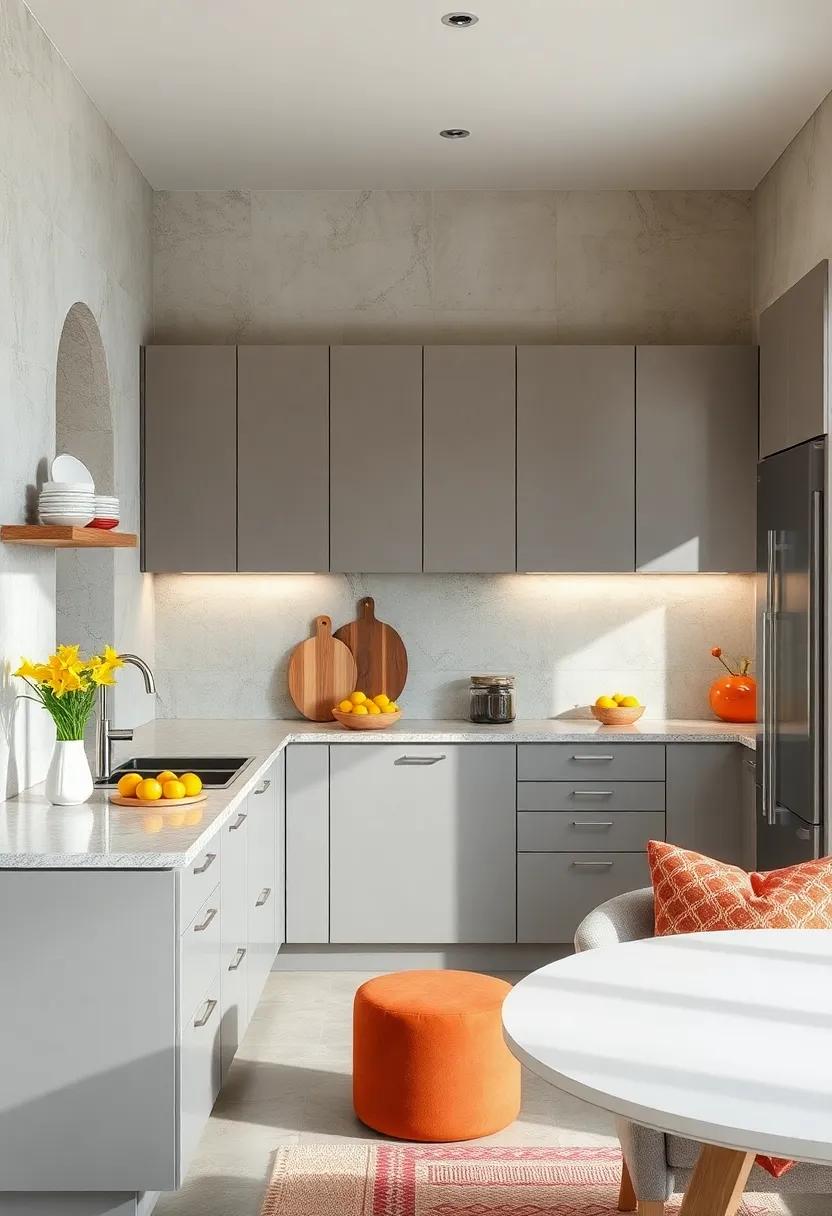 Minimalist Gray Flat-Panel Cabinets with bold Colorful Accents to prevent Monotony