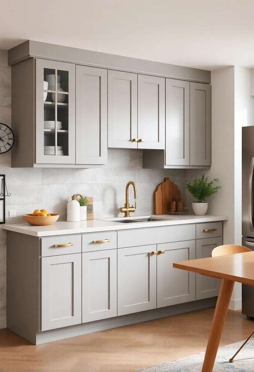 Soft Dove Gray Shaker Cabinets Combined with Brass Hardware for Timeless Elegance