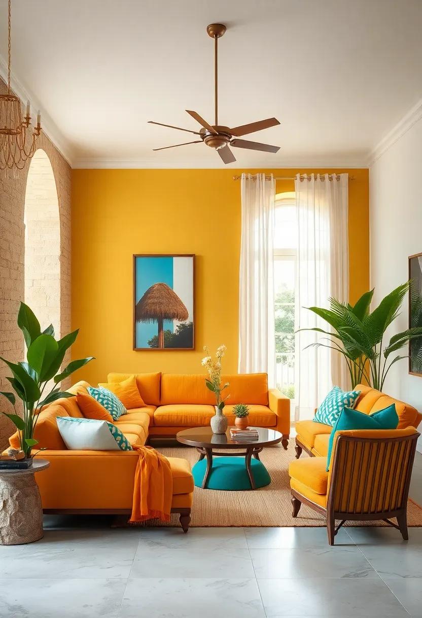 Mango Tango: Bright mango orange, ‌tropical teal, sunny lemon, palm green, and chalky white