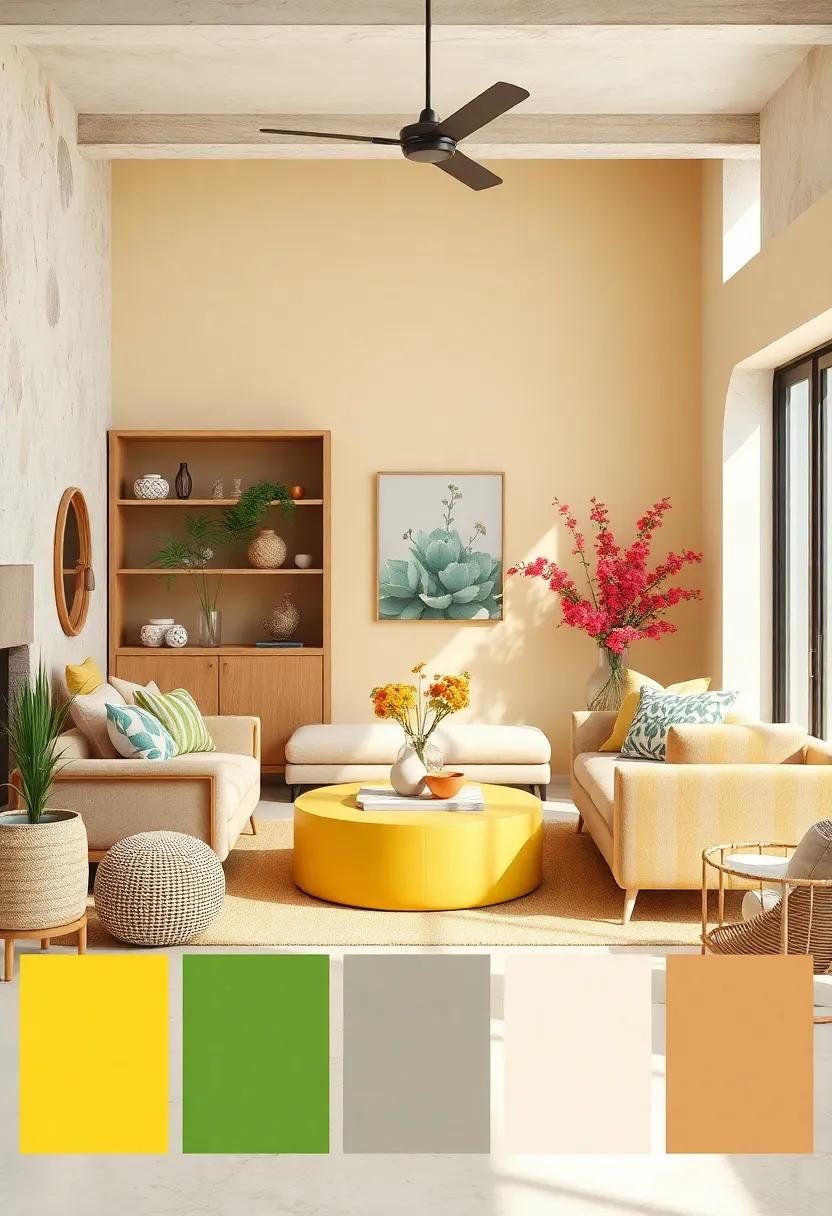 Sun-Kissed Meadow: Buttercream⁢ yellow, wildflower⁤ orange, grass green, sky blue, and soft taupe