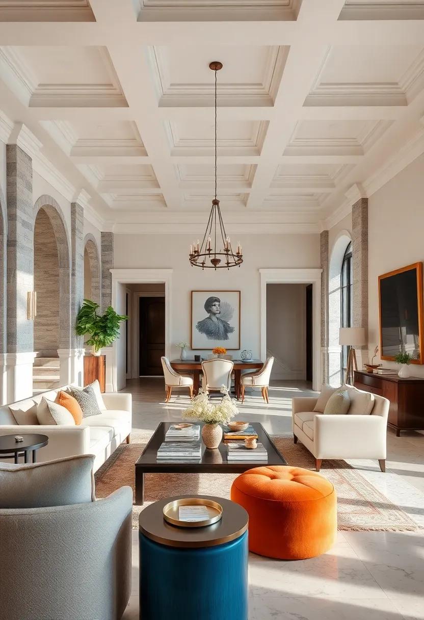 Highlight architectural details such as crown molding and coffered ceilings for classic charm