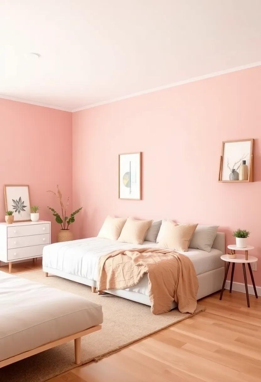 Soft⁢ Dusty Pink Walls paired with White⁢ Minimalist Furniture for an Airy, Elegant ⁤Vibe