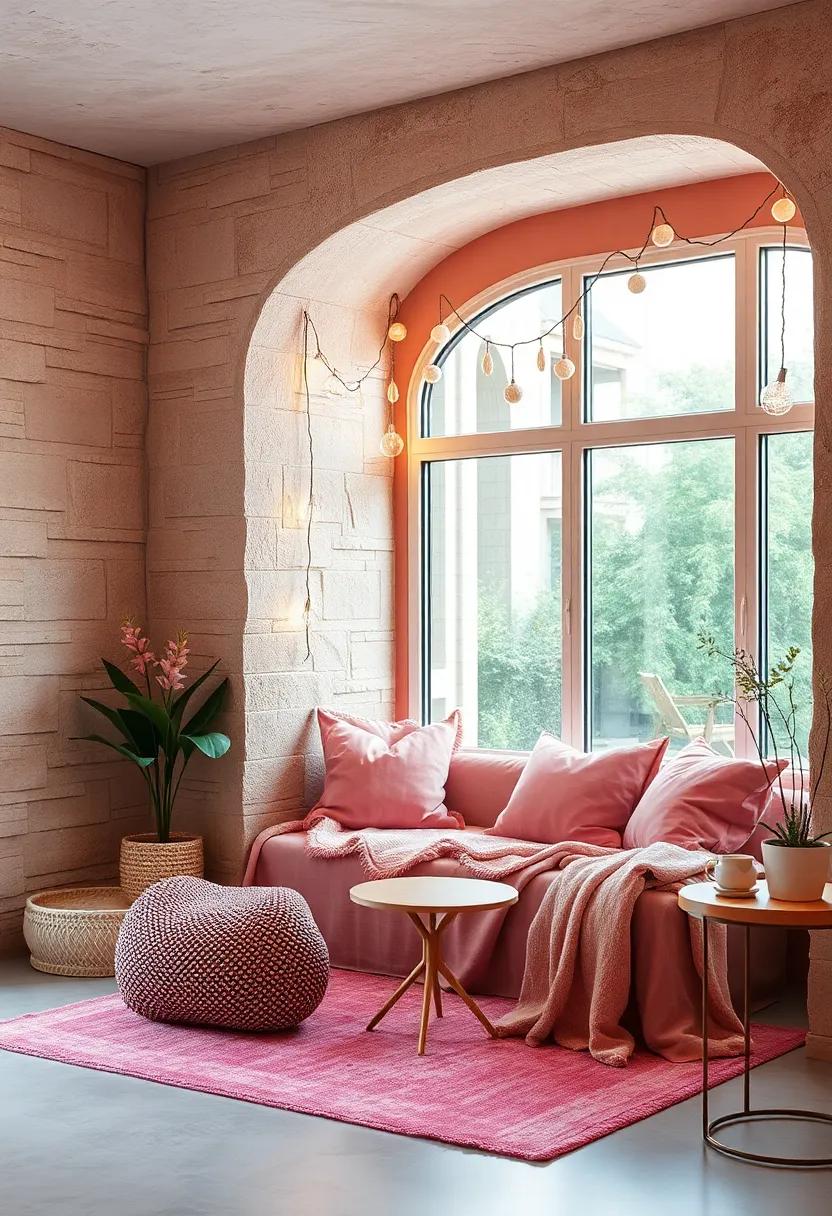 Cozy Reading nook with dusty⁢ Pink Cushions⁤ and Fairy Lights