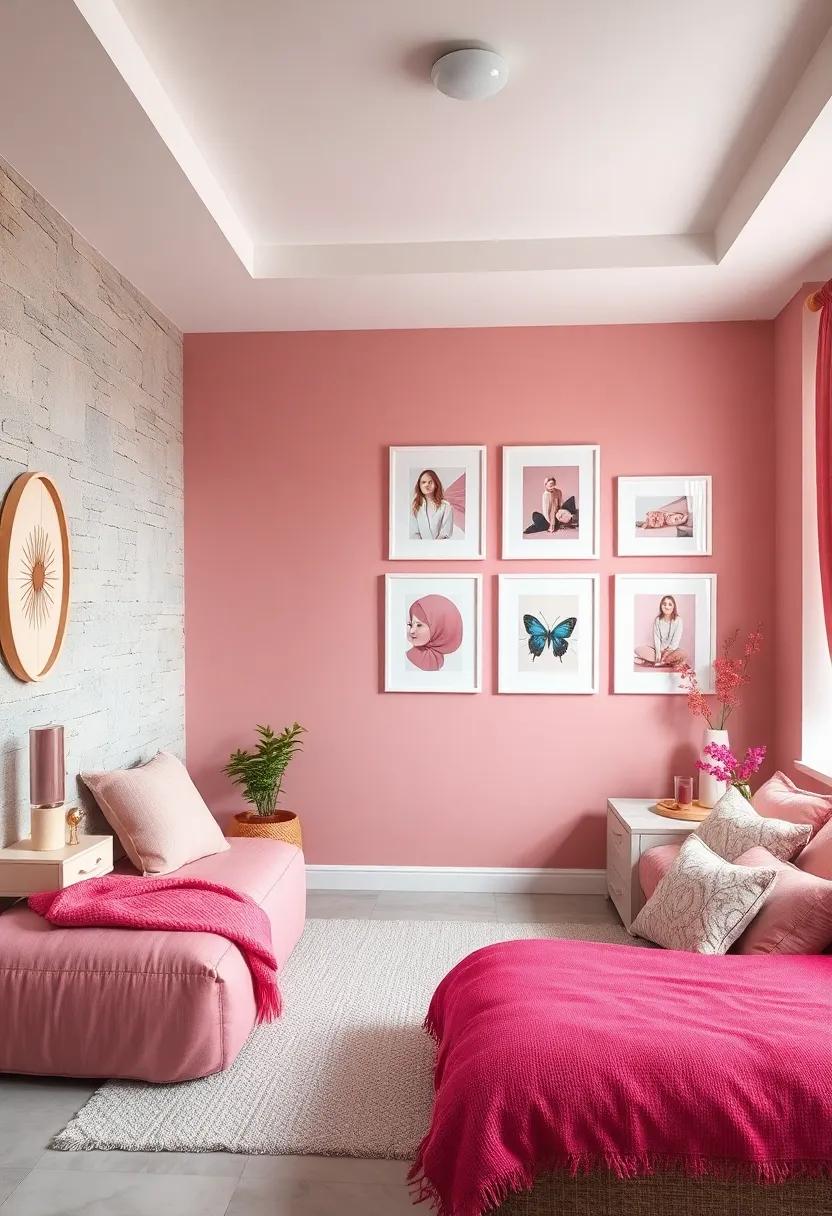Personal ‍Gallery⁣ Wall ‍Featuring Pink-Toned Art Prints and Photos in White Frames