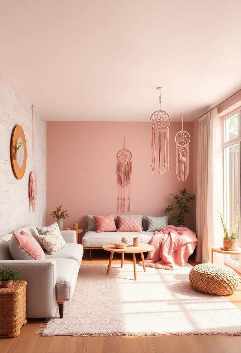 Hanging Macramé and Dreamcatchers in Soft Dusty ‌Pink for ⁢Boho Charm