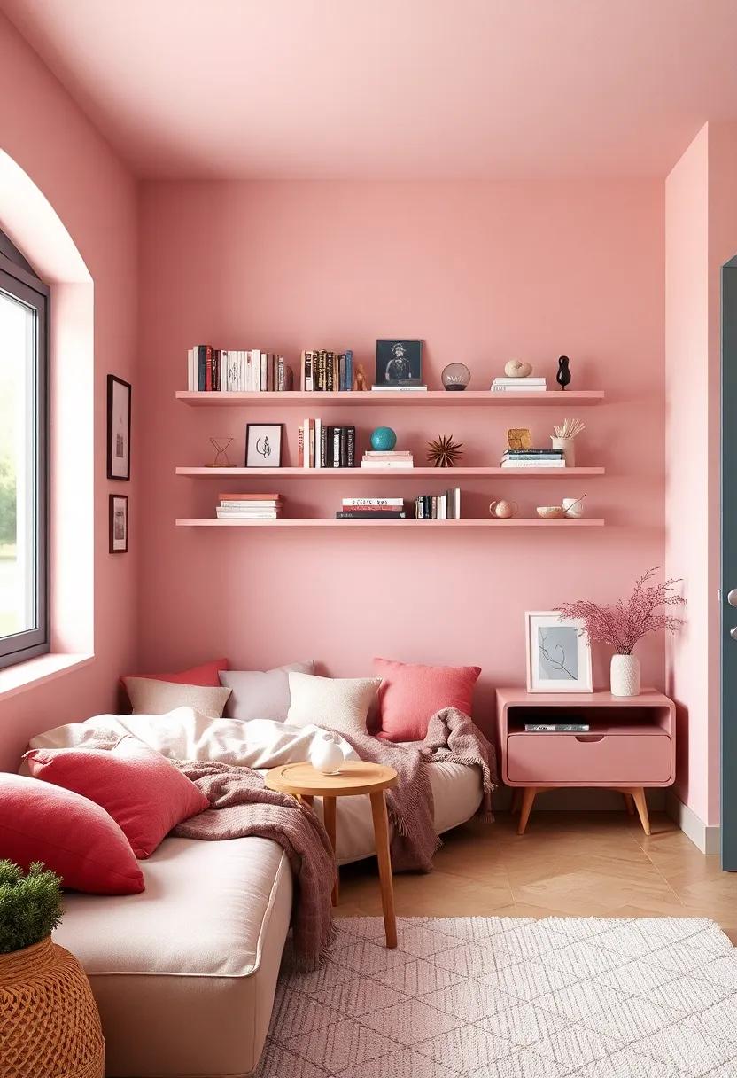 Dusty ⁢Pink floating Shelves Displaying Books, Trinkets, ‍and Memorabilia