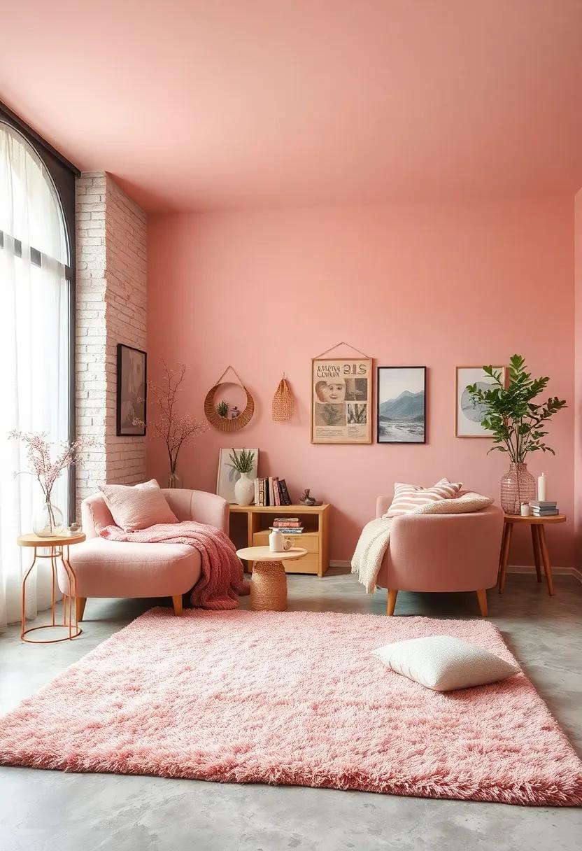 Plush Dusty ⁤Pink Area Rug ⁤Grounding the Room with Soft ​Comfort