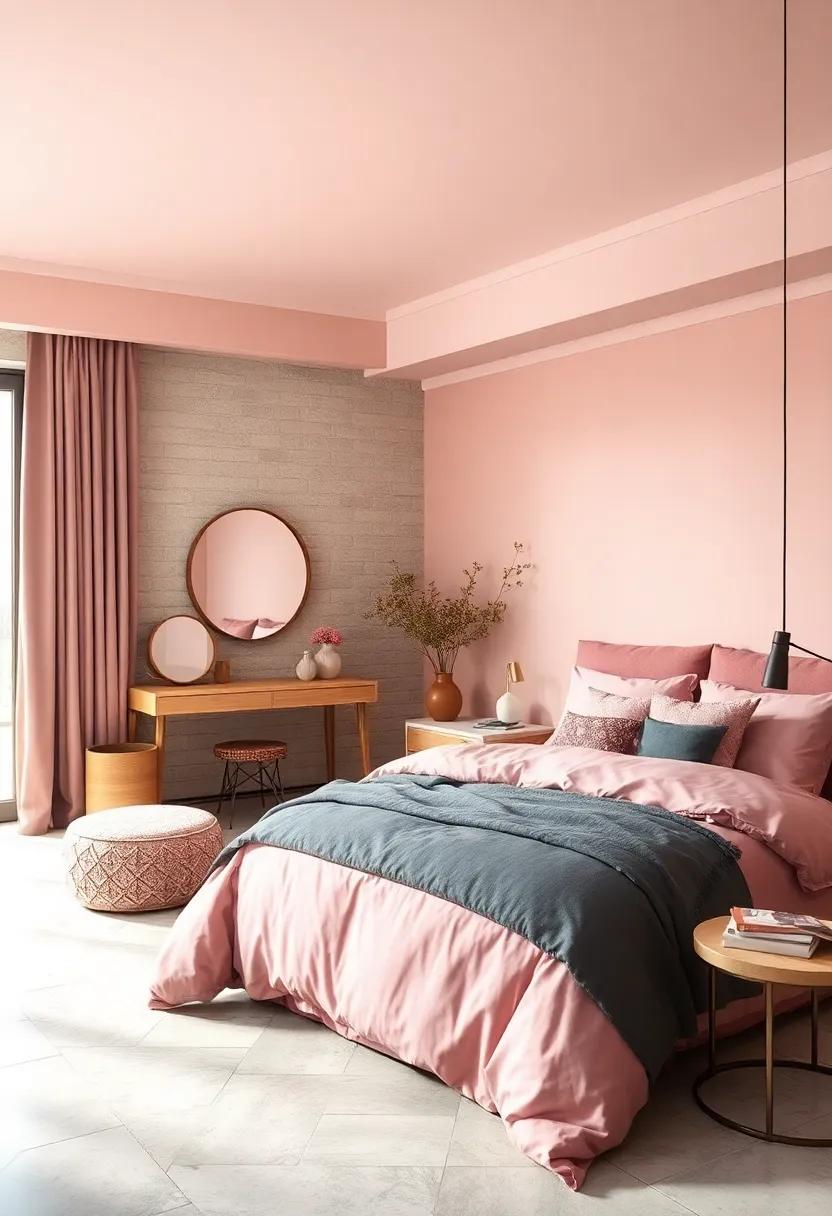 Combination of Dusty⁣ Pink and Deep Gray Bedding for a Sophisticated Contrast