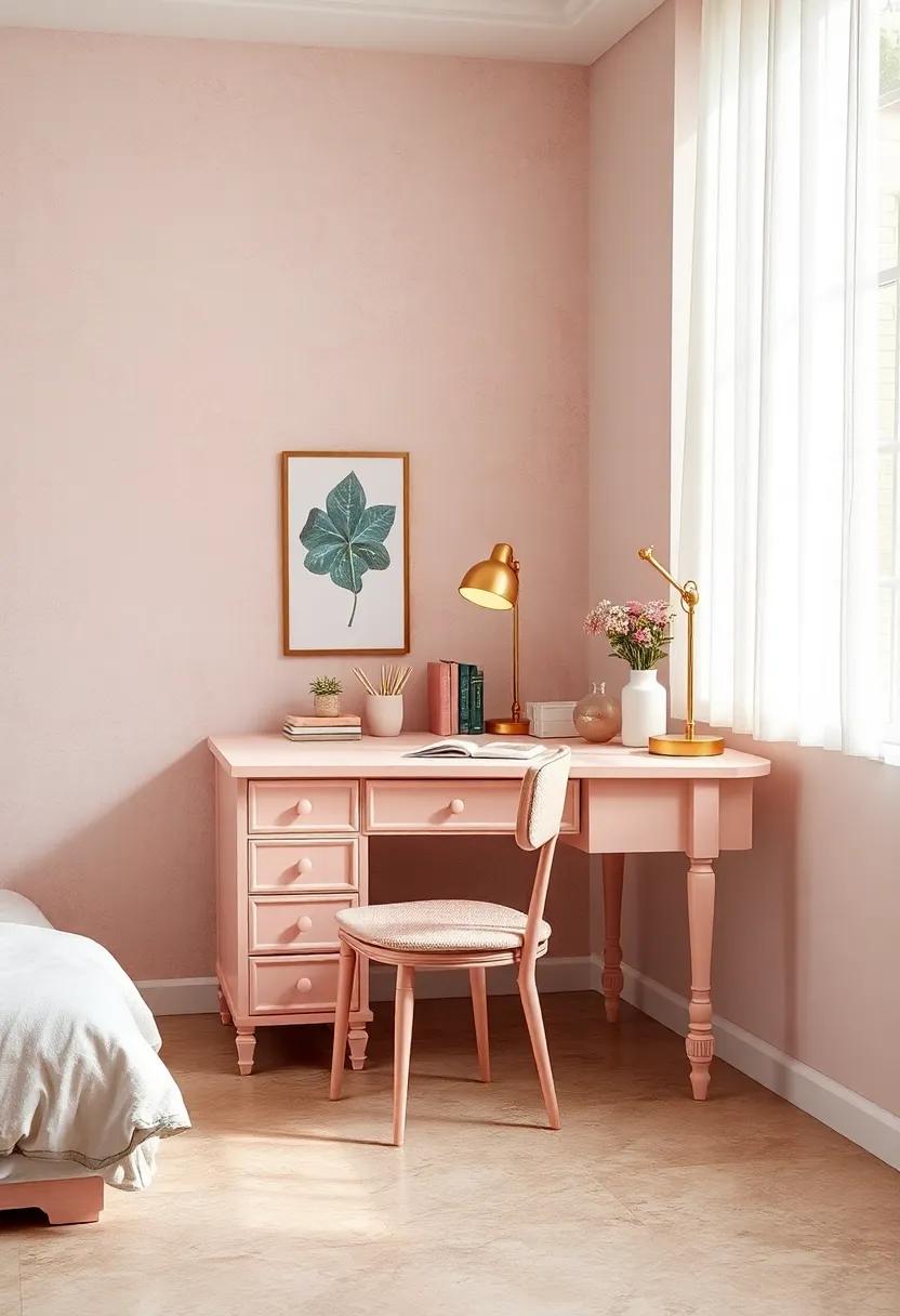 Vintage-Inspired dusty ⁤Pink Desk with Brass Lamp‌ for a Stylish Study Area