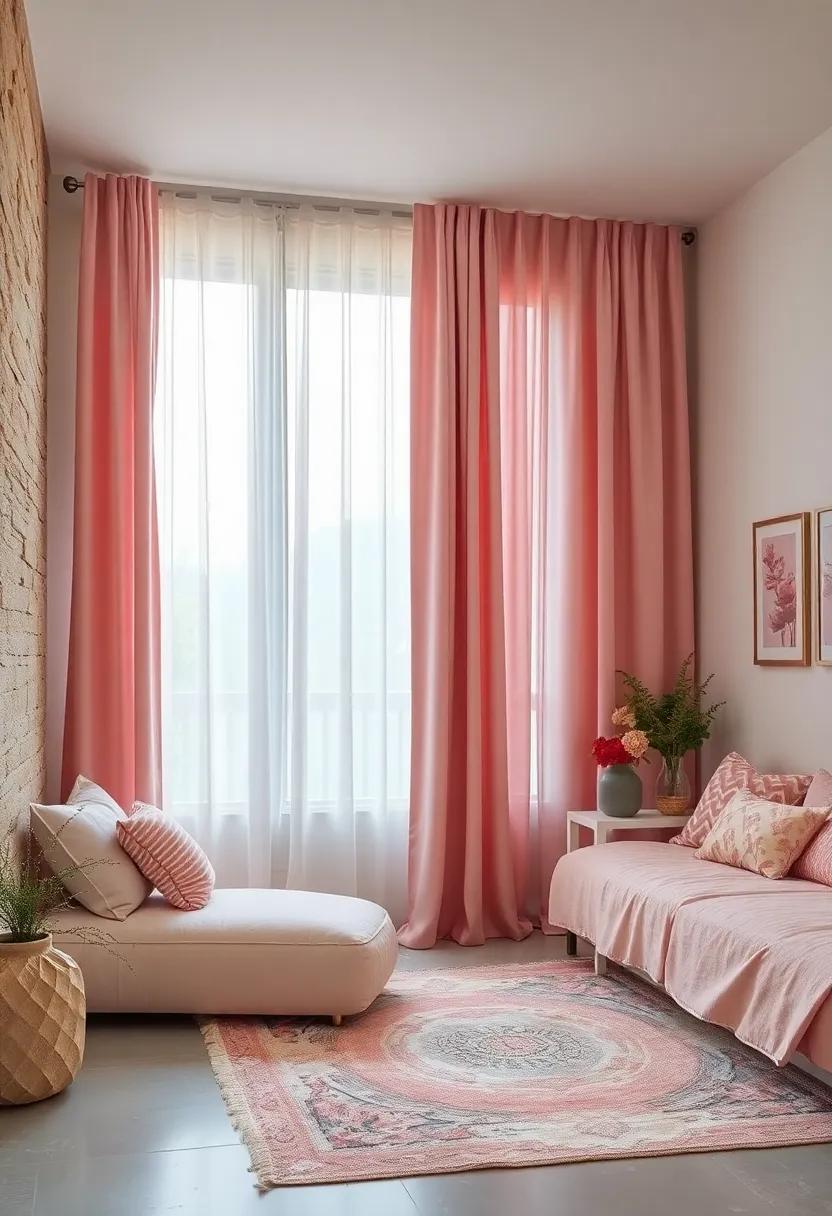 Soft Dusty Pink‍ Curtains Layered with Sheer White Panels for ⁣Airy Elegance