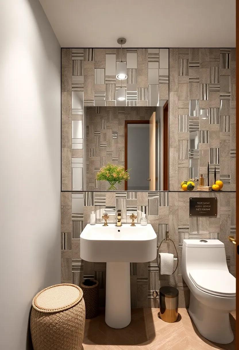 Mirrored Tiles Arranged as a Feature Wall Behind the sink