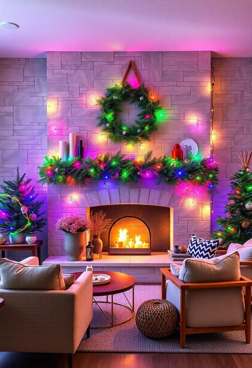 Drape multi-colored string lights around your mantel for a cheerful focal point