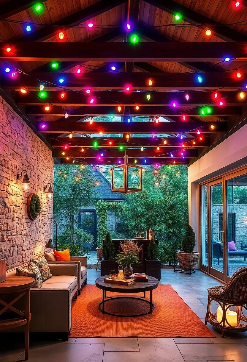Create a colorful canopy by suspending lights across your ceiling or pergola