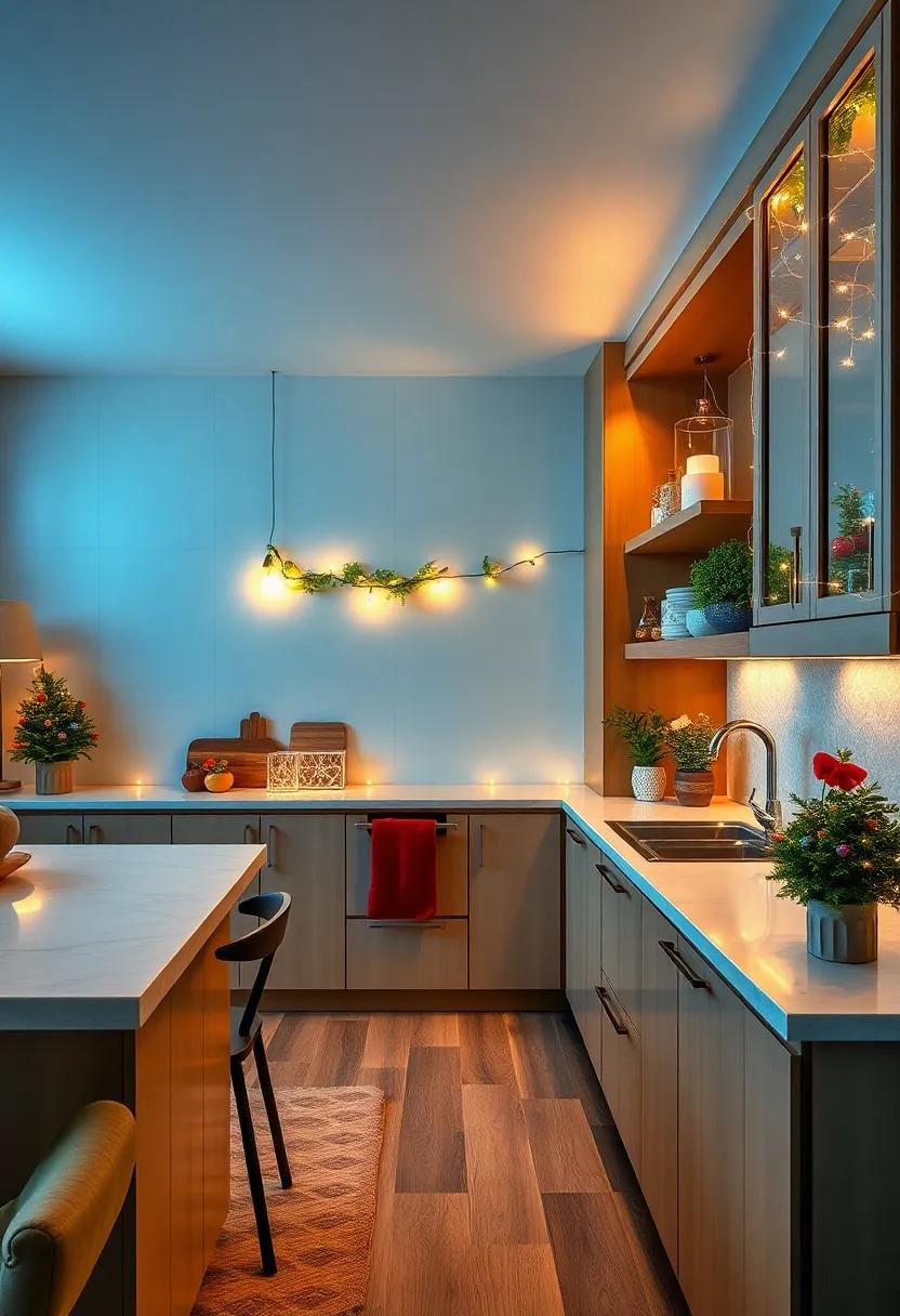 Line your kitchen cabinets or open shelves with bright, cheerful holiday lights