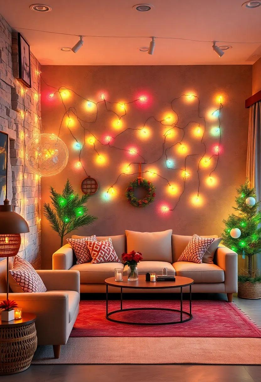 Design a wall art display by arranging ⁢string lights in ​festive shapes like stars or trees
