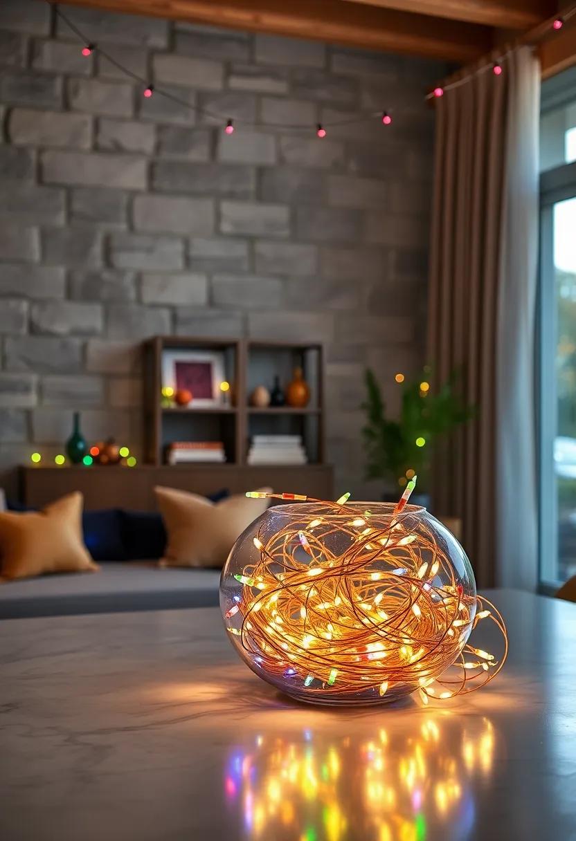 Create a luminous centerpiece by filling clear bowls with tangled string lights