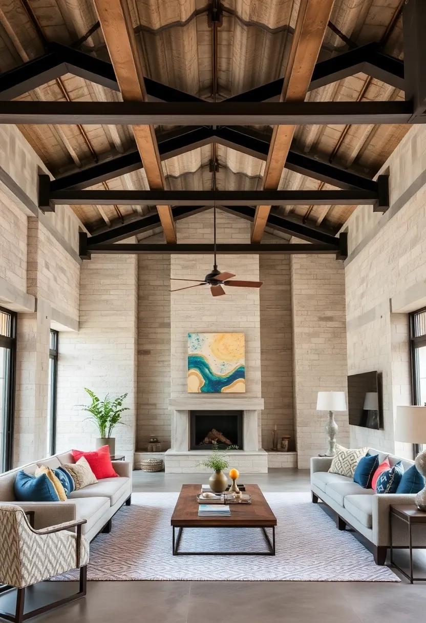 Beams arranged in a crisscross pattern create a tapestry-like ceiling that's both structural and artistic