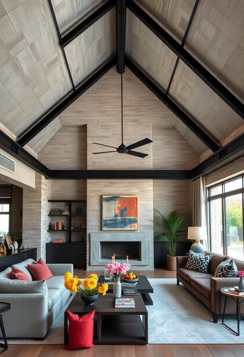 Exposed steel beams with a matte black finish add a bold, modern touch to any living room