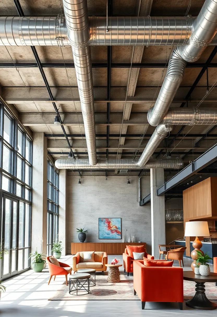 Layered steel beams combined with exposed ductwork complete the raw industrial look in commercial interiors