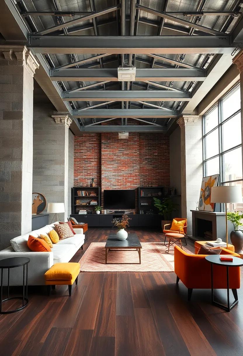 Matte silver steel beams offset by dark wood flooring balance cool and warm tones harmoniously